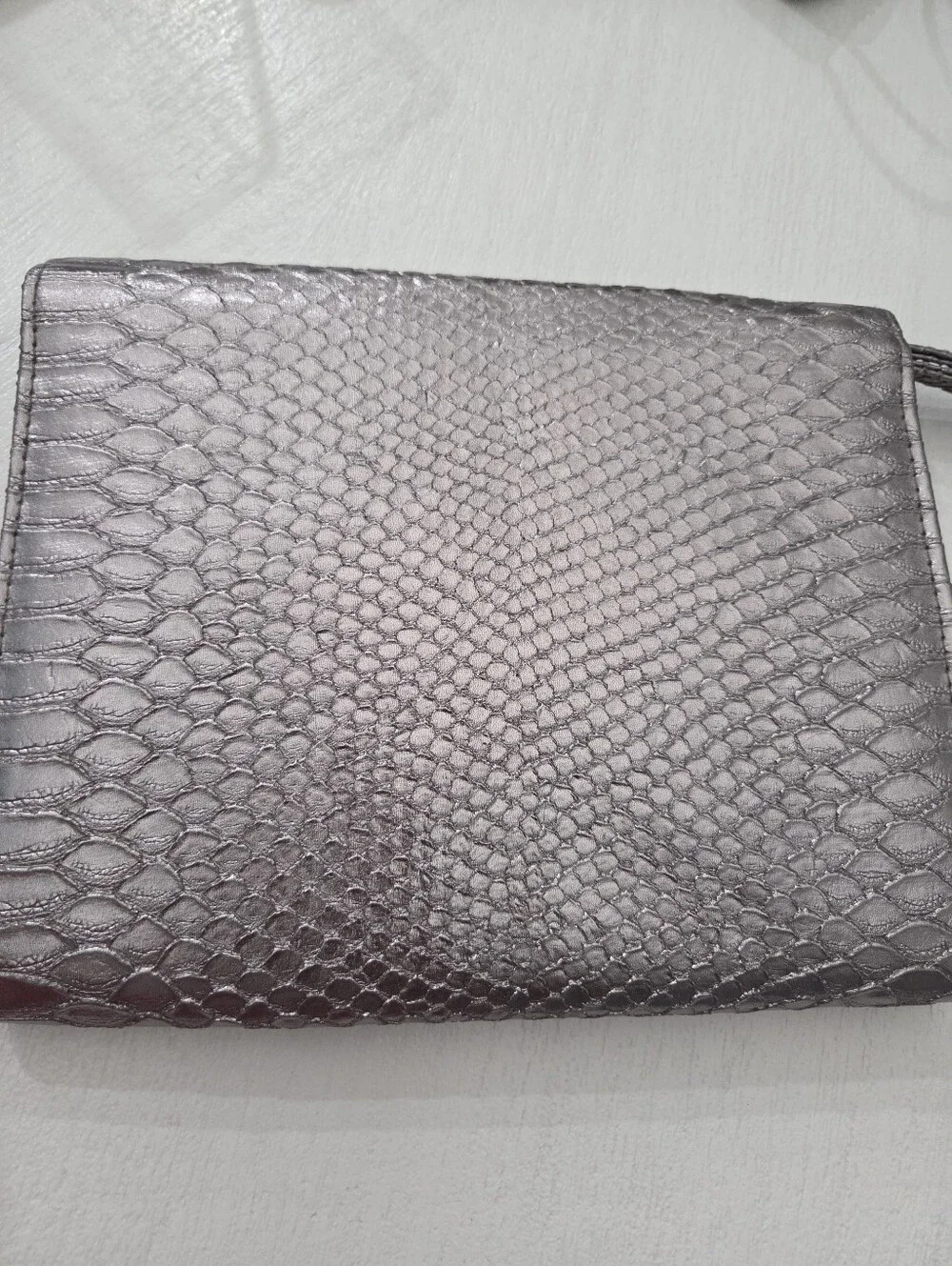 Neiman Msrcus Faux Snakeskin Metallic Silver Clutch